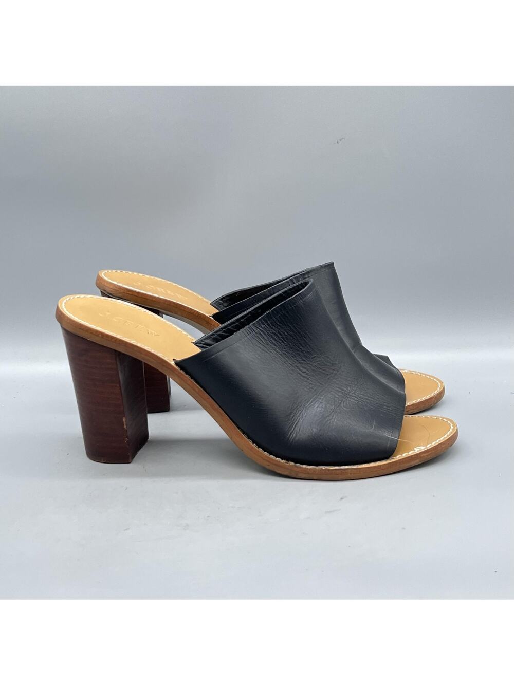 J Crew Shoes Womens 10.5 Black Leather Block Heel Open Toe Mules Slip On